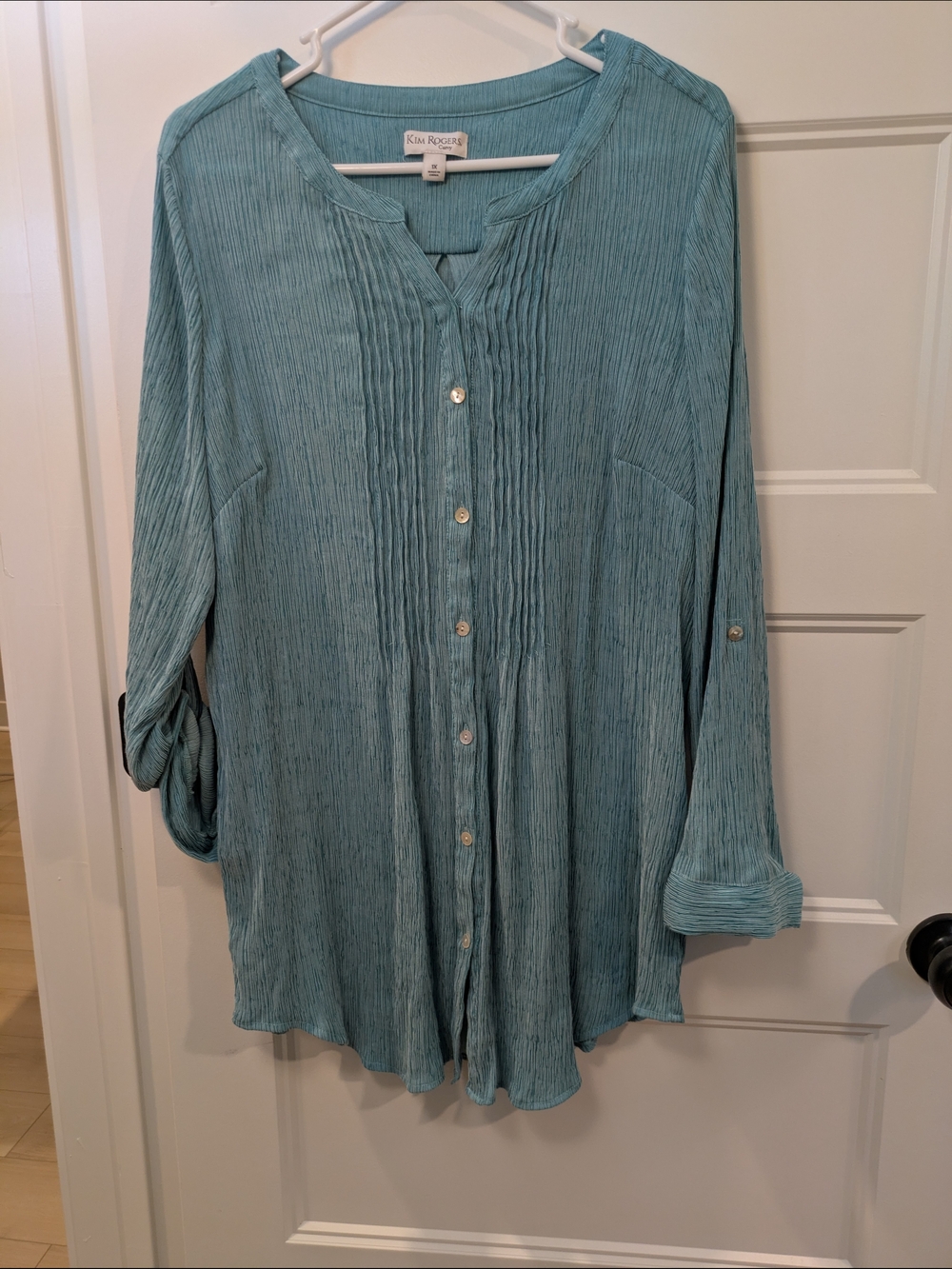 Kim Rogers Seafoam Button-Front Pleated Tunic Shirt